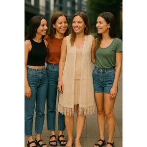 Free People Cream Knit Sleeveless Hooded Cardigan Vest Fringe Hem Open Front